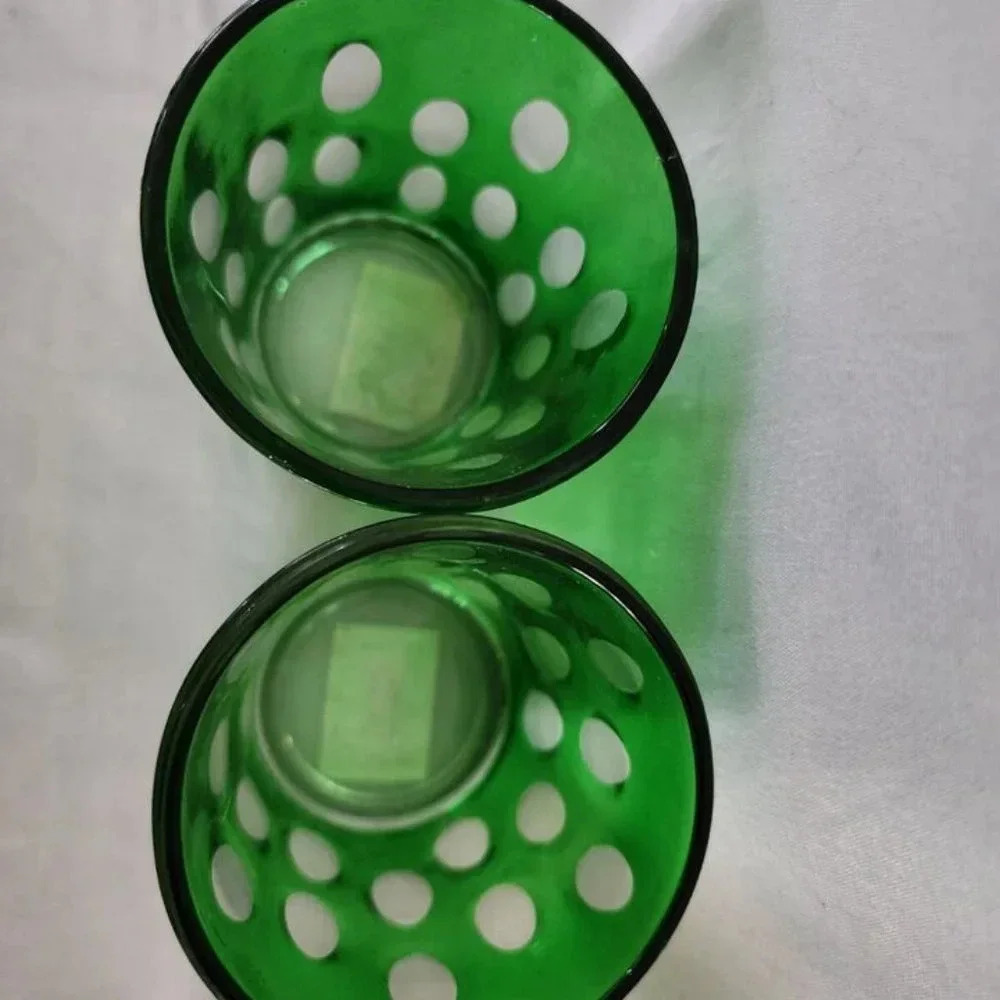 Pair of 2 Vintage Thumb Print/Coin Dot tumblers/Low Ball Glasses Green w/ white - Picture 4 of 7